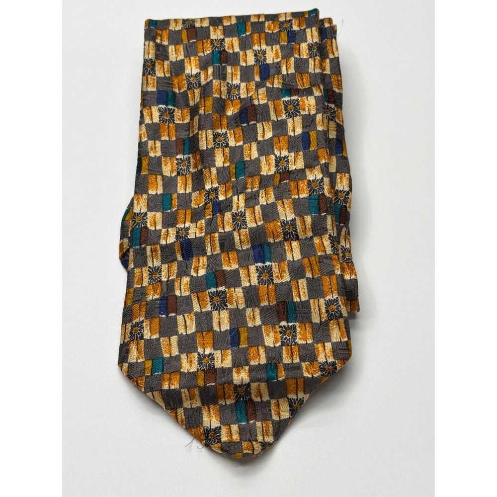 Ermenegildo Zegna Mens Silk Tie Geometric Sunburst‎ Checkerboard Gold Grey Italy
